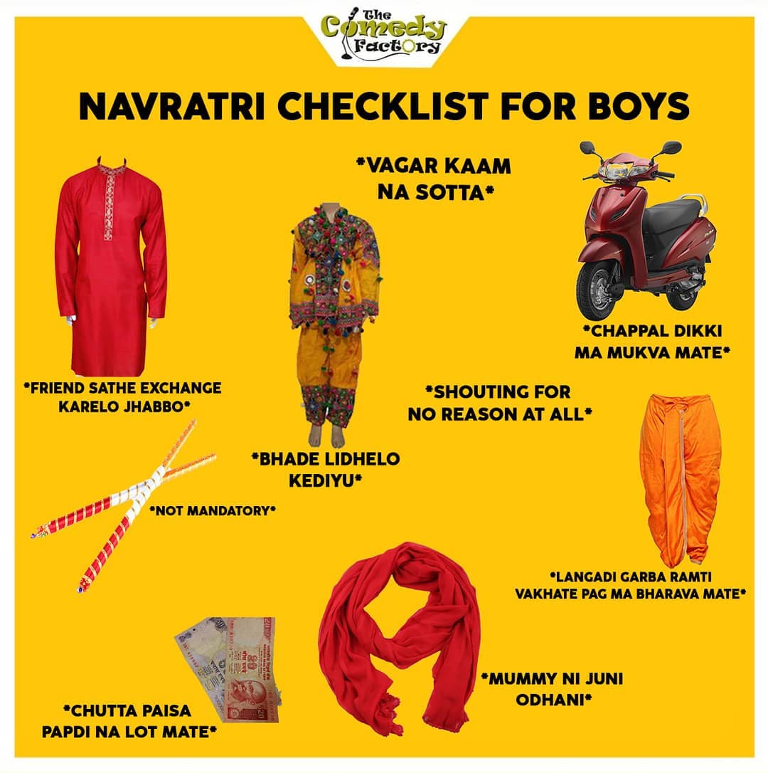 The Comedy Factory,  meme, gujju, gujjumemes, gujratimemes, gujjuthings, navratri, garba, checklist, funnymemes, memesdaily
